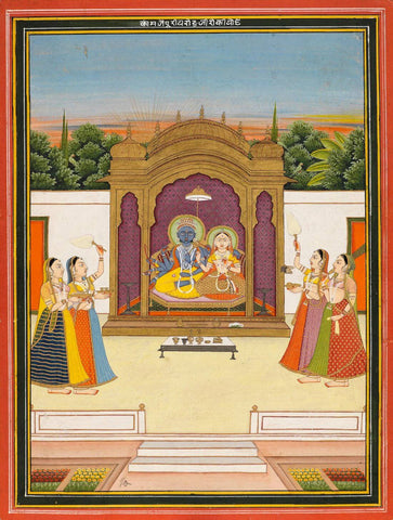 Vishnu And Consort  - Jaipur - C1810- Vintage Indian Miniature Art Painting by Miniature Vintage