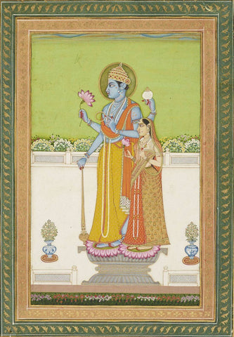 Vishnu And Lakshmi - Late 18Th Century -Vintage Indian Miniature Art Painting by Miniature Vintage