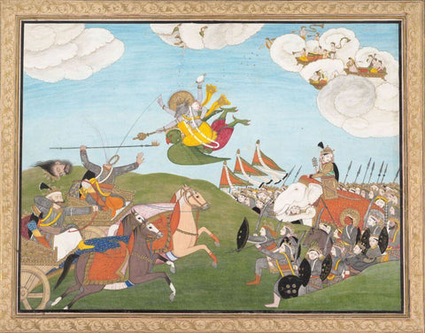 Vishnu As Varaha, The Boar Avatar, Slays Banasur, A Demon - C.1800 -  Vintage Indian Miniature Art Painting - Large Art Prints