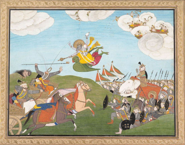 Vishnu As Varaha, The Boar Avatar, Slays Banasur, A Demon - C.1800 -  Vintage Indian Miniature Art Painting - Art Prints
