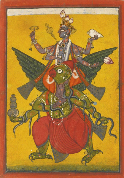 Vishnu Riding On Garuda By Kripal - Basohli School - C1660- Vintage Indian Miniature Art Painting - Framed Prints