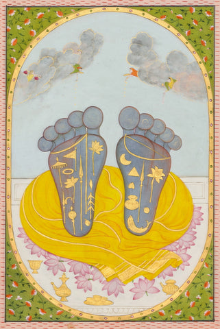 Vishnu’s Feet As Objects Of Worship, Kangra -  C.1810–20 - Vintage Indian Miniature Art Painting - Framed Prints