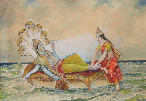 Vishnu And Lakshmi On Sesha - M V Dhurandhar - Posters by M. V. Dhurandhar