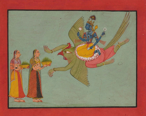 Indian Miniature Paintings - Ramayana Paintings - Vishnu on his Vehicle Garuda by Kritanta Vala