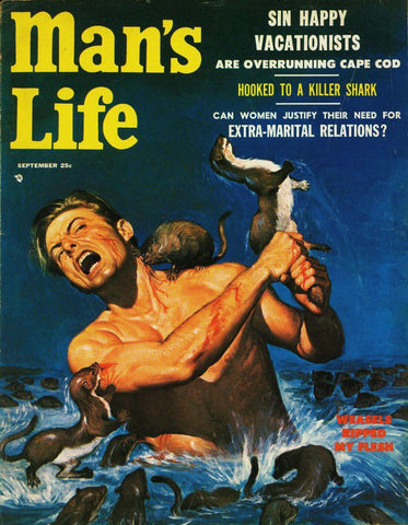 Weasels Ripped My Flesh -Mans Life Magazine Cover Pulp Art - Wil Hulsey Painting by Wil Hulsey