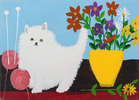 White Cat With Yarn - Maud Lewis - Canadian Folk Artist Painting by Maud Lewis