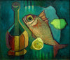 Wine Bottle And Fish - Louis Toffoli - Contemporary Art Painting - Large Art Prints