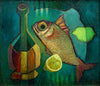 Wine Bottle And Fish - Louis Toffoli - Contemporary Art Painting - Art Prints