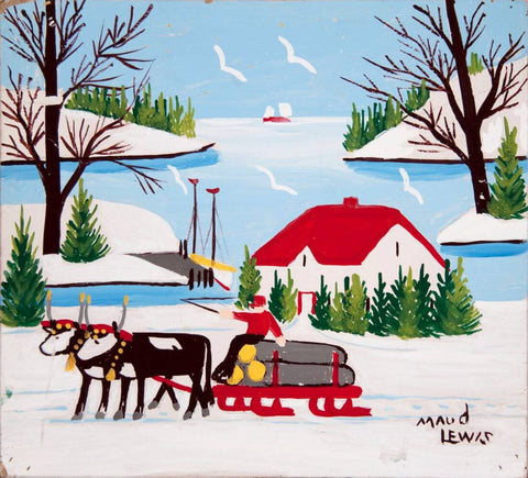 Winter Scene Hauling Logs - Maudie Lewis - Canada Folk Art Painting by Maud Lewis