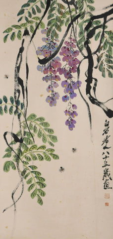 Wisteria And Bees - I - Qi Baishi - Modern Gongbi Chinese Painting by Qi Baishi