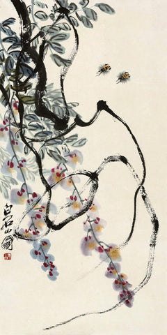Wisteria And Bees - IV - Qi Baishi - Modern Gongbi Chinese Painting - Framed Prints