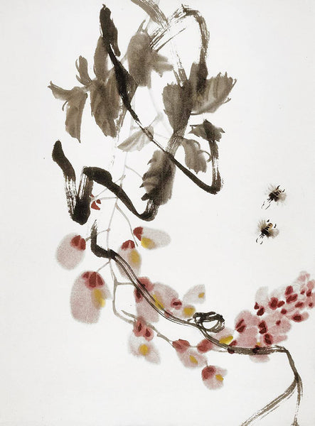 Wisteria And Bees - VI - Qi Baishi - Modern Gongbi Chinese Floral Painting - Canvas Prints