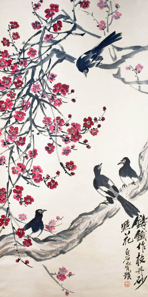 Wisteria And Magpies - Qi Baishi - Modern Gongbi Chinese Floral Painting - Life Size Posters