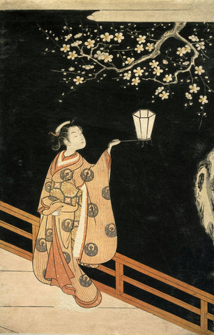 Woman Admiring Plum Blossoms at Night - Suzuki Harunobu - Japanese Nishiki Woodblock Painting by Suzuki Harunobu