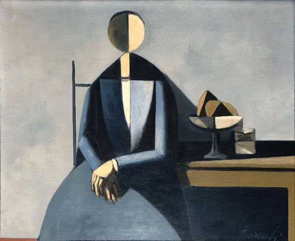 Woman At A Table - Duilio Barnabe - Figurative Contemporary Art Painting - Life Size Posters