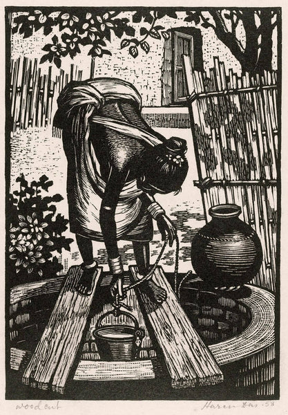 Woman At The Well  - Haren Das - Bengal School Art Woodcut Painting - Posters