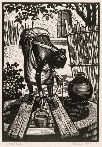 Woman At The Well  - Haren Das - Bengal School Art Woodcut Painting - Posters