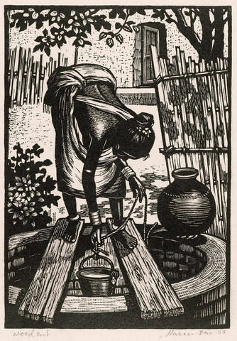 Woman At The Well  - Haren Das - Bengal School Art Woodcut Painting - Canvas Prints
