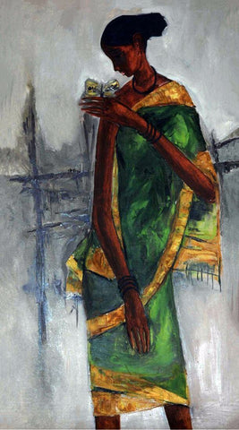Woman In Green Sari - B Prabha - Indian Art Painting - Framed Prints by B. Prabha