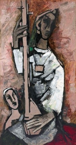 Woman Playing Musical Instrument - M F Husain - Painting - Life Size Posters by M F Husain