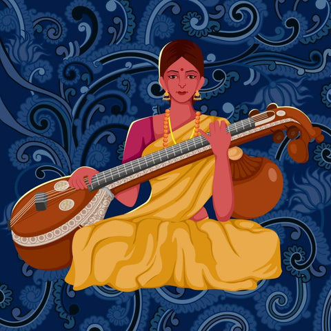 Woman Playing Rudraveena - Digital Art - Large Art Prints by Indian Art