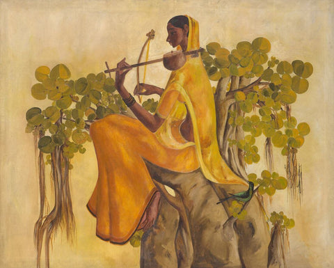 Woman Playing Sarangi - B Prabha - Indian Painting by B. Prabha