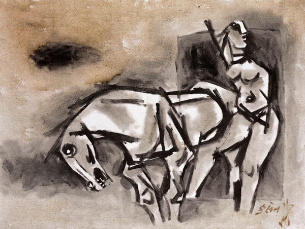 Woman With A Horse - Maqbool Fida Husain – Painting - Life Size Posters