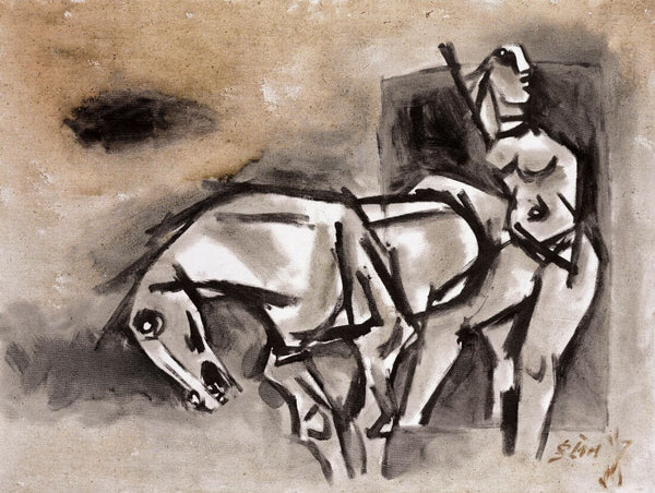 Woman With A Horse - Maqbool Fida Husain – Painting - Framed Prints