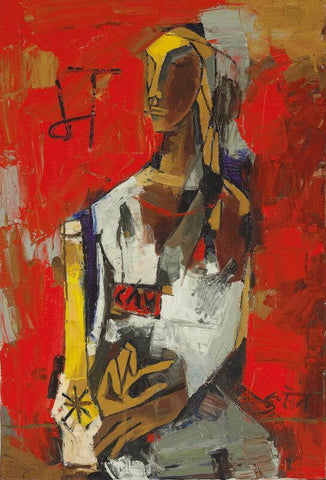 Woman In Red - Canvas Prints by M F Husain