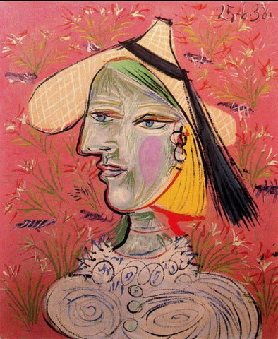 Pablo Picasso - Woman With Straw Hat On A Floral Background - Posters by Pablo Picasso