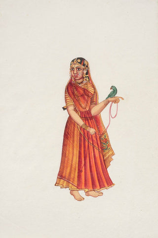 Woman In Red Odhni Holding A Parrot - Posters