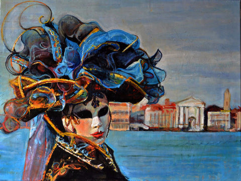 Woman in Venetian Mask - Oil Painting by Hamid Raza