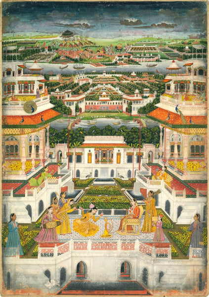Women On A Palace Terrace With A Panoramic Eiew - Fazizabad - Vintage Indian Miniature Art Painting c1770 - Art Prints