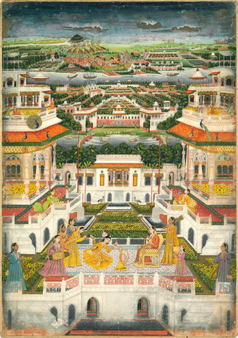 Women On A Palace Terrace With A Panoramic Eiew - Fazizabad - Vintage Indian Miniature Art Painting c1770 - Canvas Prints