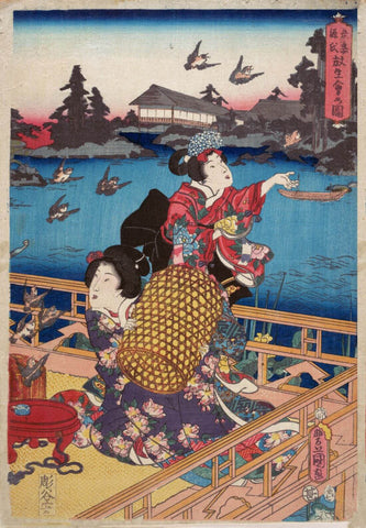 Women Releasing Birds - Utagawa Kunisada - Japanese Ukiyo-e Woodblock Print Art Edo Period Painting - Framed Prints by Utagawa Kunisada