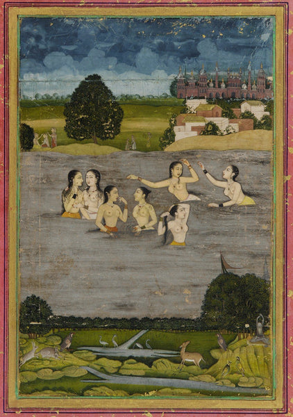Indian Miniature Paintings - Mughal Paintings - Women Bathing in a Lake - Framed Prints