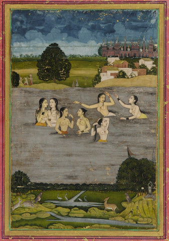 Indian Miniature Paintings - Mughal Paintings - Women Bathing in a Lake - Life Size Posters
