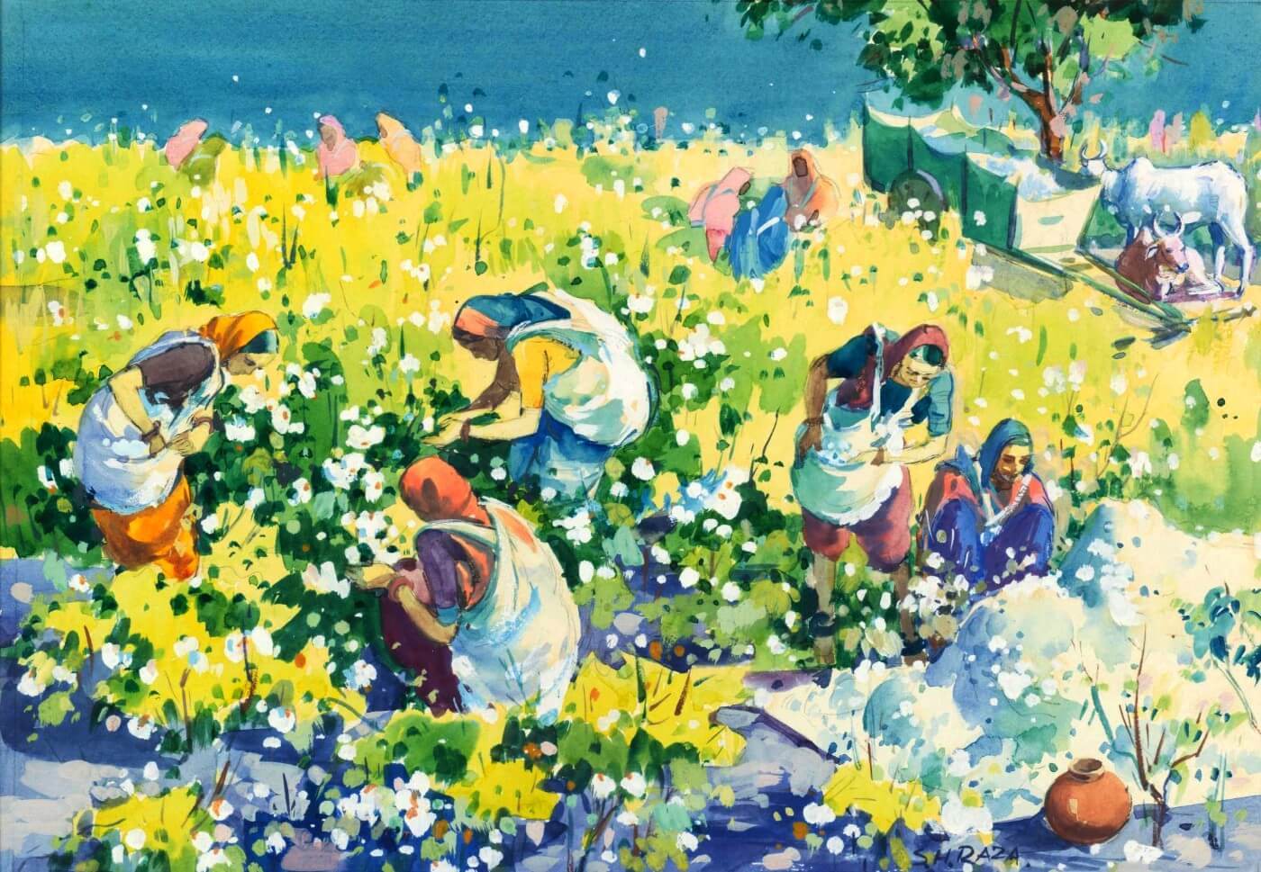 Women Picking Cotton - Water Colour - Art Prints by Sayed Haider