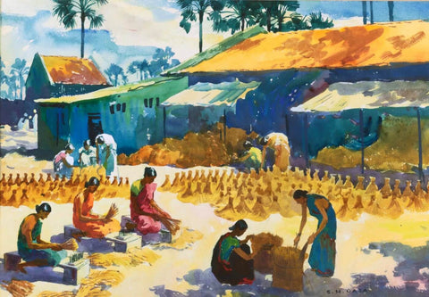Workers Gathering Hay - Water Colour by Sayed Haider Raza