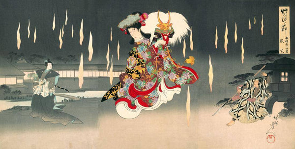 Yaegaki-hime Dances Amid Magical Foxfires - Toyohara Chikanobu - Ukiyo-e Woodblock Print Art Painting - Framed Prints