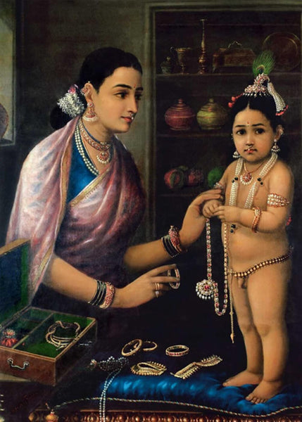 Yashodha Adorning Krishna - Raja Ravi Varma - Framed Prints