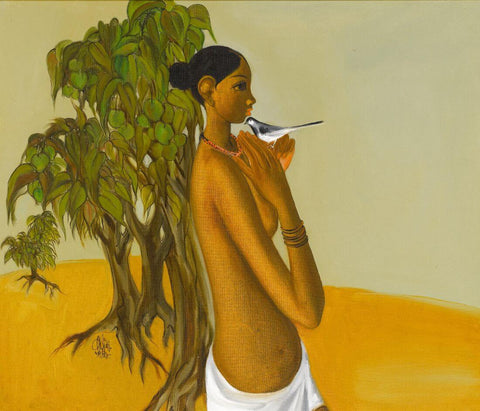 Young Woman With Bird - B Prabha - Indian Art Painting - Canvas Prints by B. Prabha