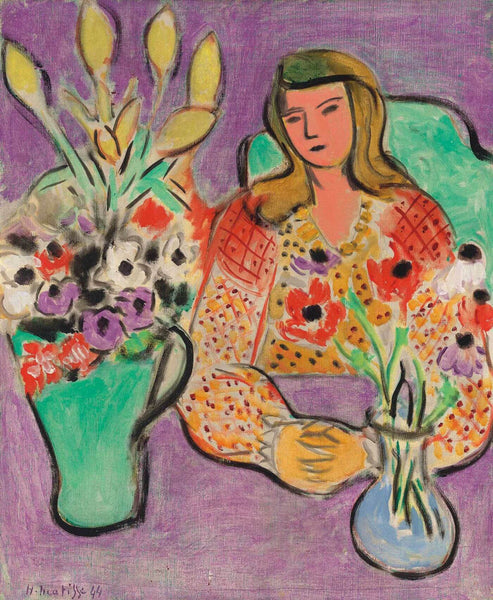 Young Woman with Anemones on Purple Background (Jeune fille aux anemones sur fond violet) - Henri Matisse - Framed Prints