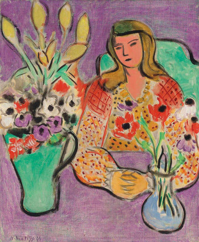 Young Woman with Anemones on Purple Background (Jeune fille aux anemones sur fond violet) - Henri Matisse - Framed Prints