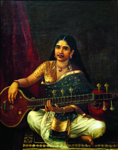 Young Woman With Veena - Raja Ravi Varma - Indian Painting - Framed Prints