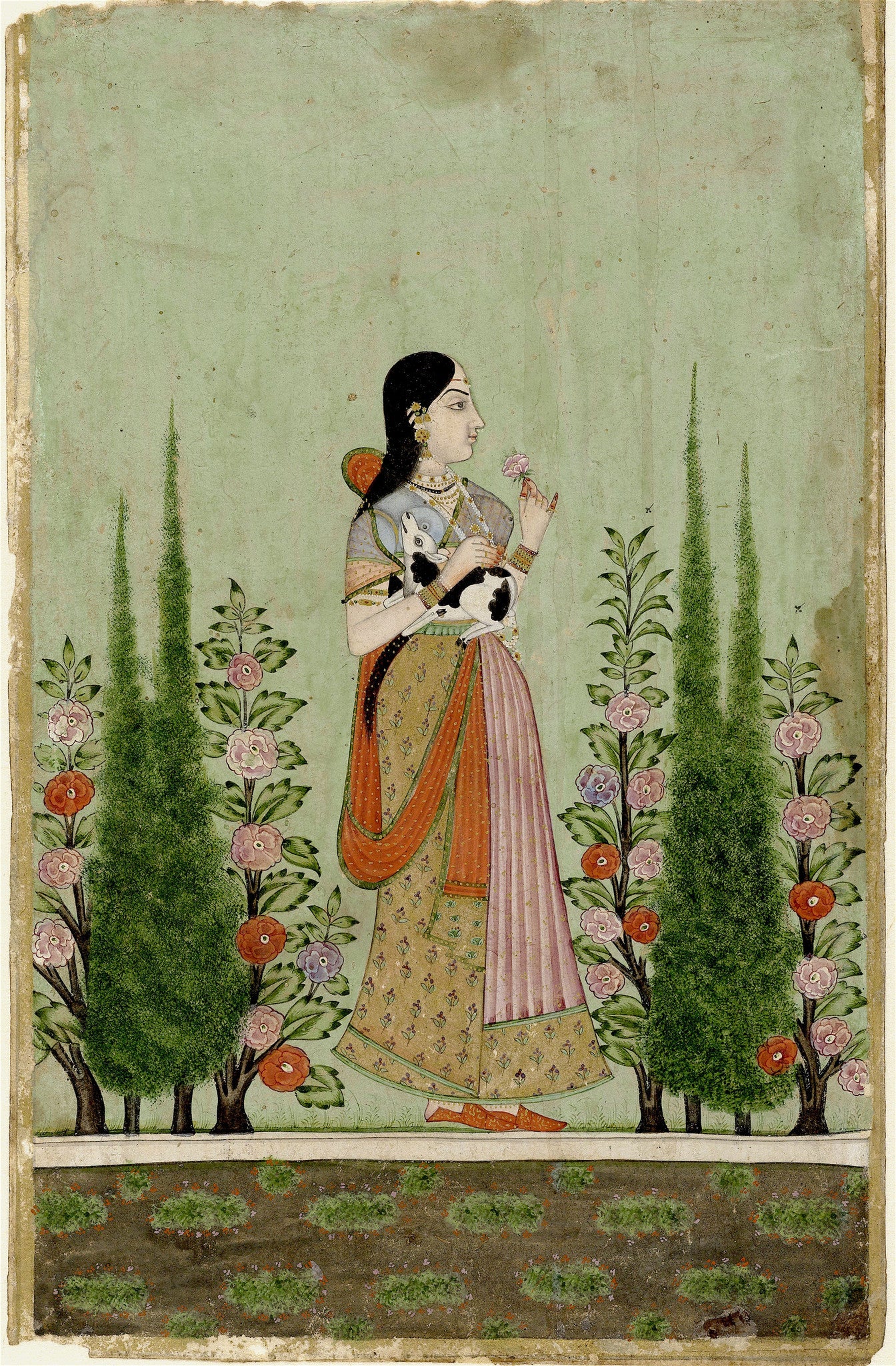 Indian Miniature Art - Girl holding a Calf - Art Prints by Angele