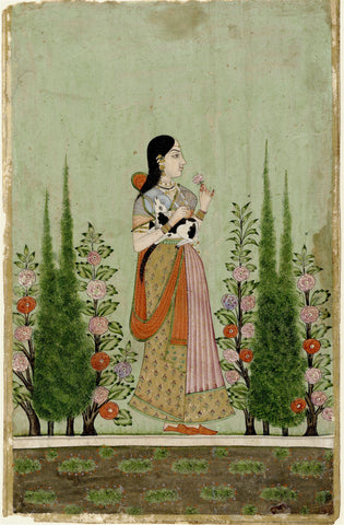 Indian Miniature Art - Girl holding a Calf - Large Art Prints
