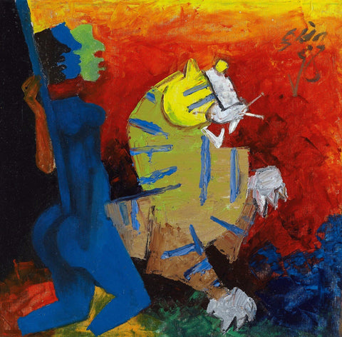 Untitled - Blue Figure and Tiger - Posters by M F Husain