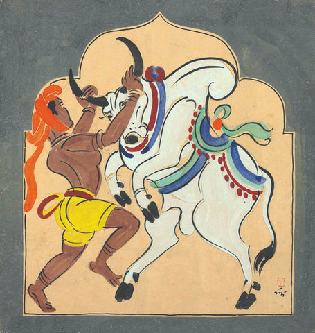 Bull Fighter - Nandalal Bose - Haripura Art - Bengal School Indian Painting - Posters