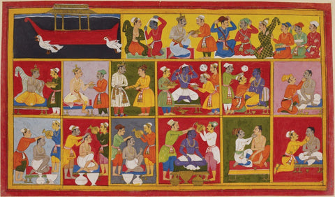 Indian Miniature Paintings - Pahari Paintings - The Brothers Prepare For Ramas Coronation - Large Art Prints by Kritanta Vala